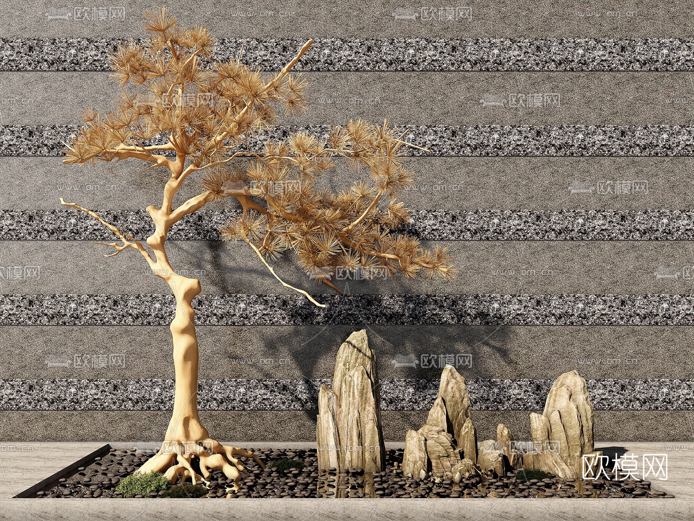 新中式枯树假山景观小品3d模型