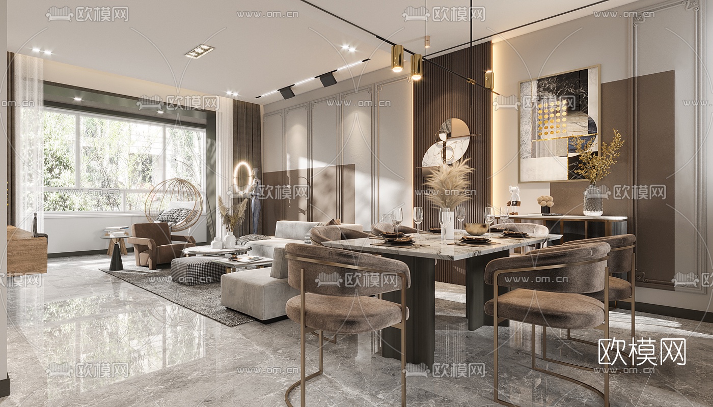 现代轻奢复式客厅餐厅3d模型下载（渲染图2）