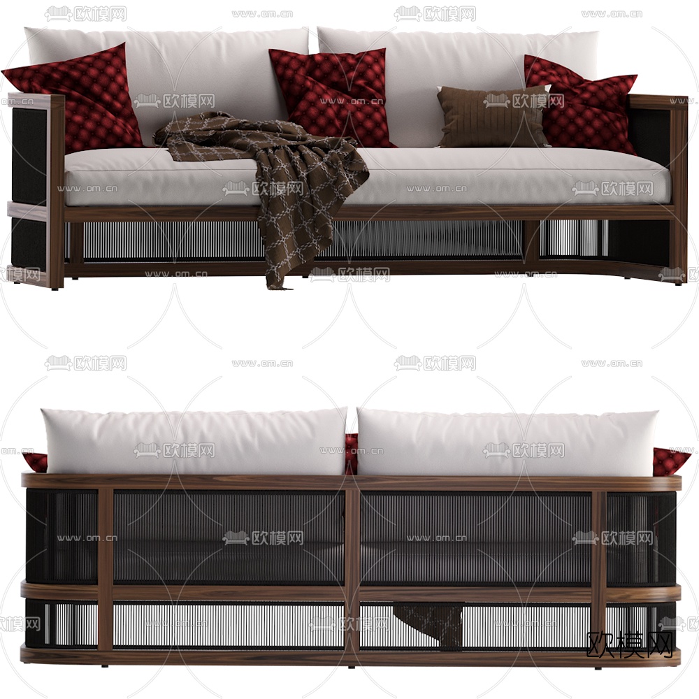 新中式实木多人沙发3d模型下载（渲染图1）