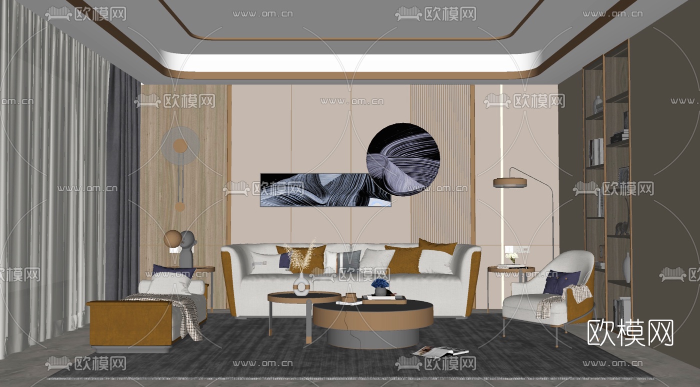 现代布艺沙发组合su模型下载（渲染图1）