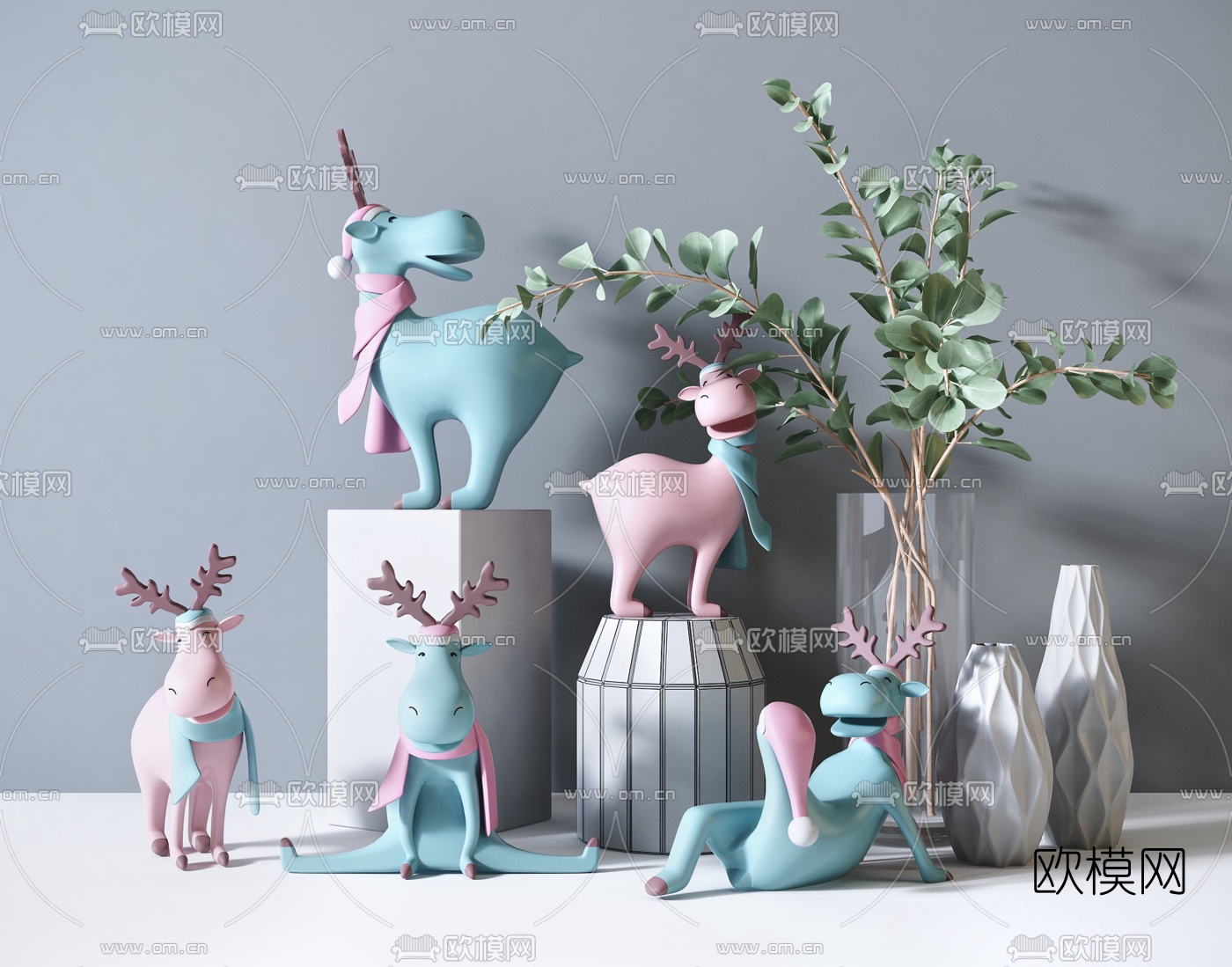 北欧卡通鹿雕塑绿植花瓶3d模型