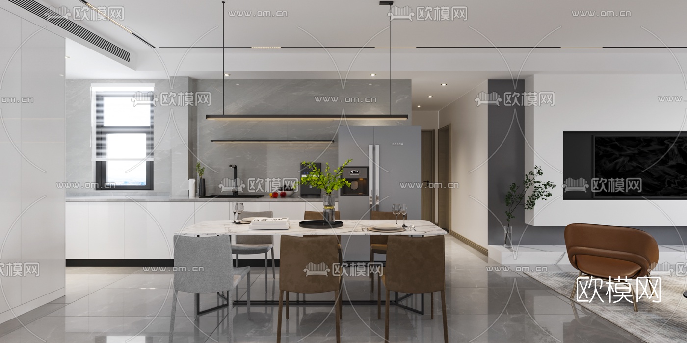 现代客厅餐厅免费3d模型下载（渲染图2）