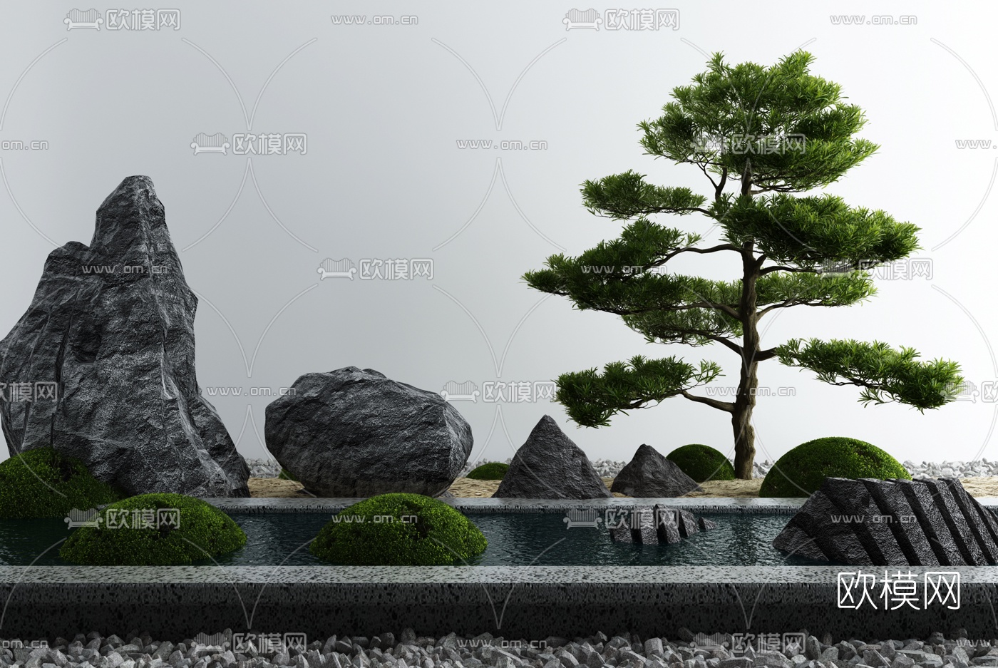 新中式假山松树水池园艺小品3d模型