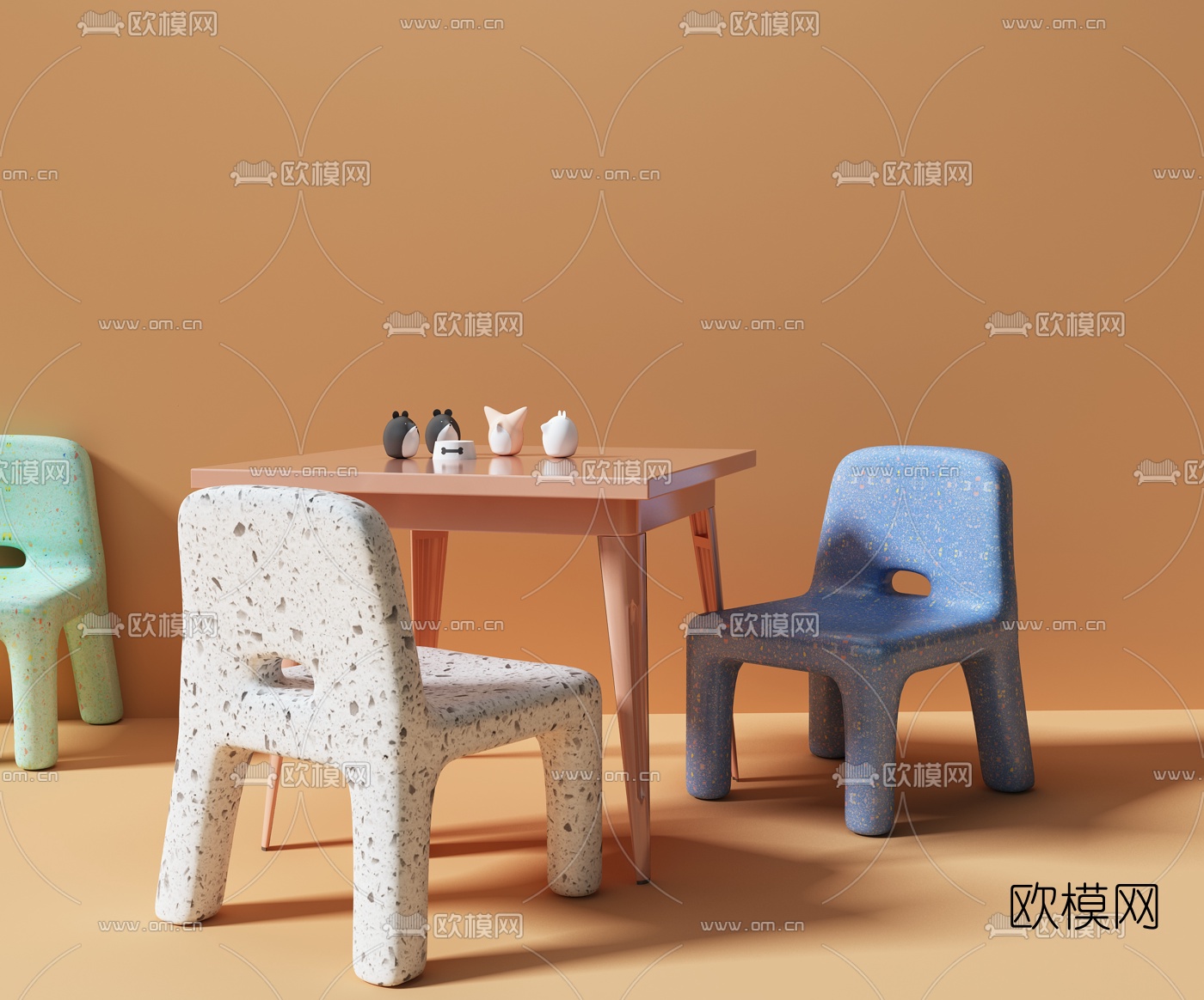 现代糖系方形儿童桌椅3d模型下载