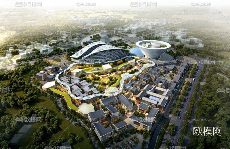 现代文化旅游城鸟瞰su模型下载（渲染图2）