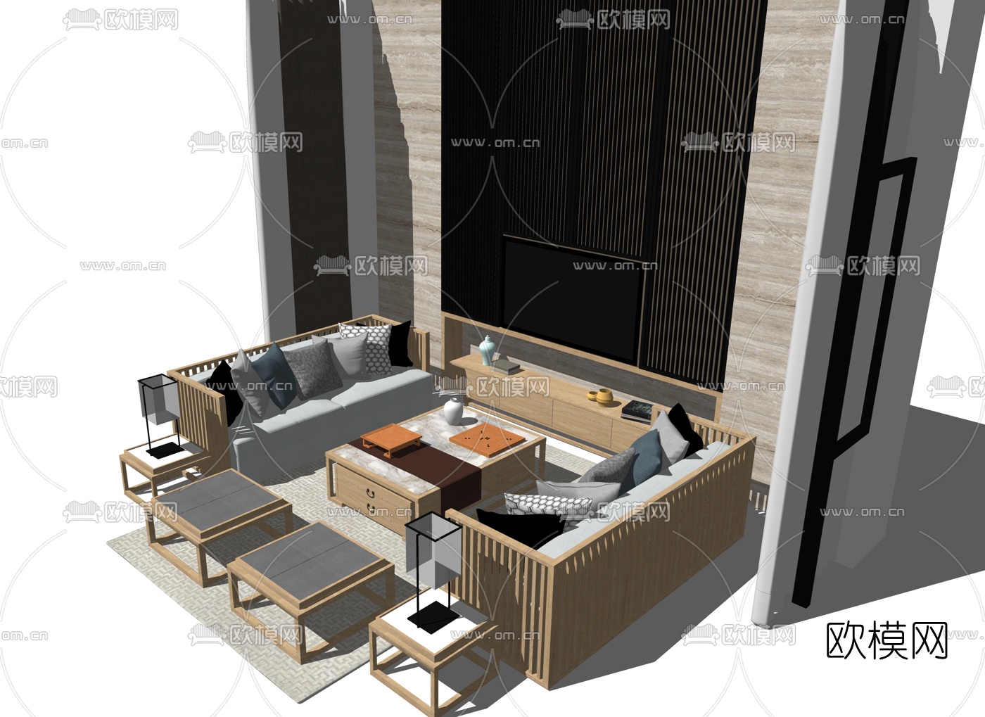 日式布艺沙发组合su模型下载（渲染图2）