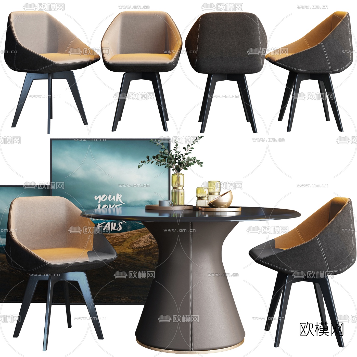 现代黑色圆形餐桌椅3d模型