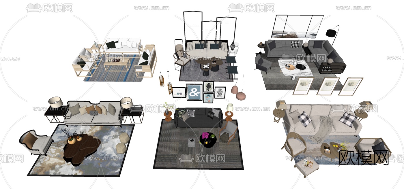 新中式布艺组合沙发su模型下载（渲染图1）