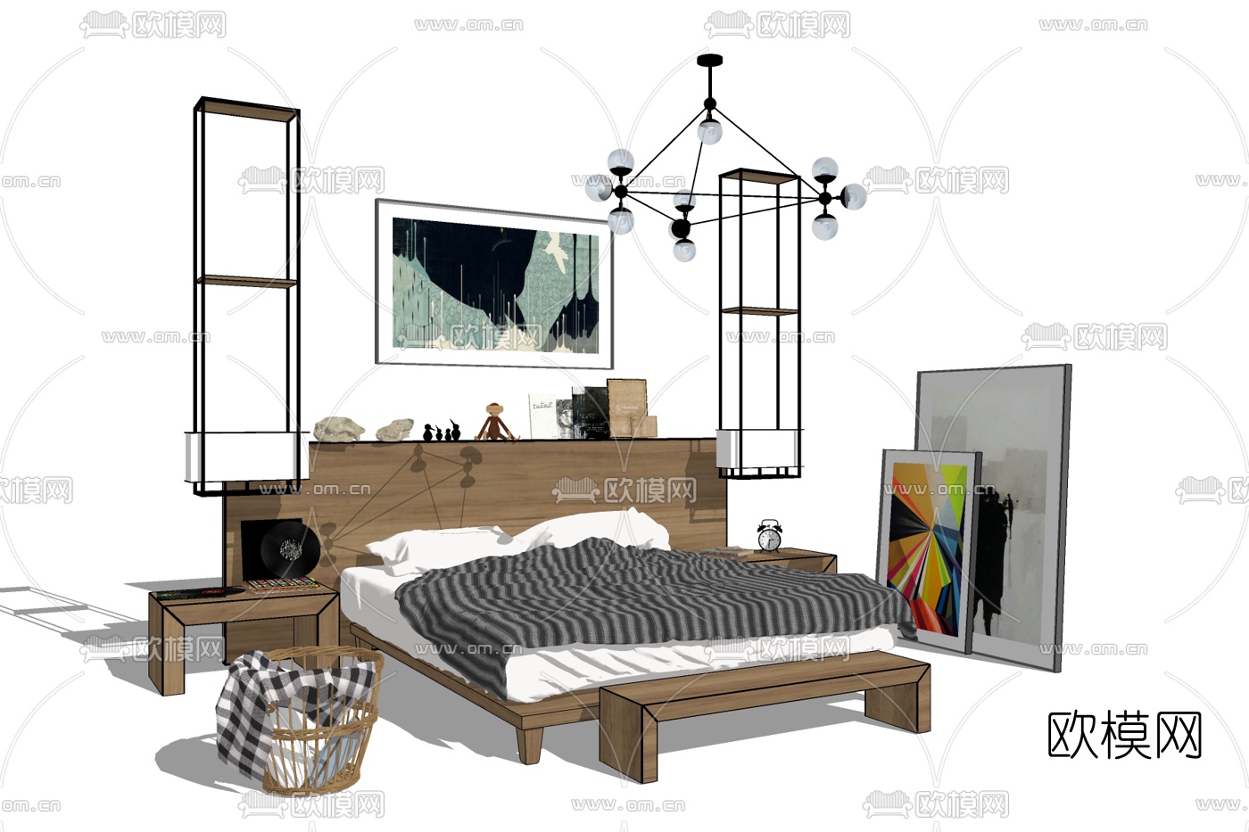 现代原木双人床免费su模型下载