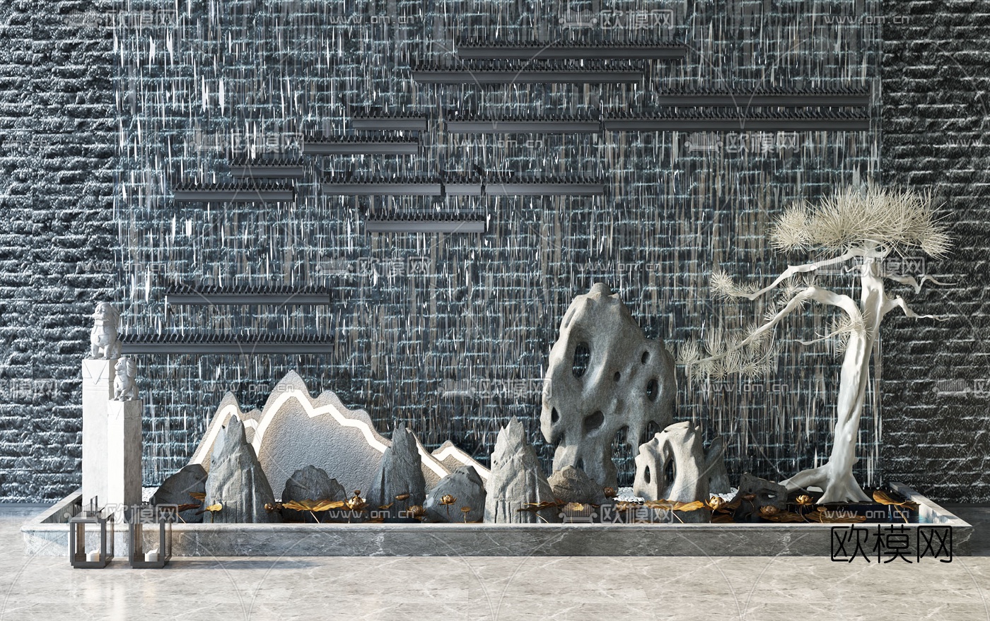 新中式假山松树荷花池小品3d模型下载