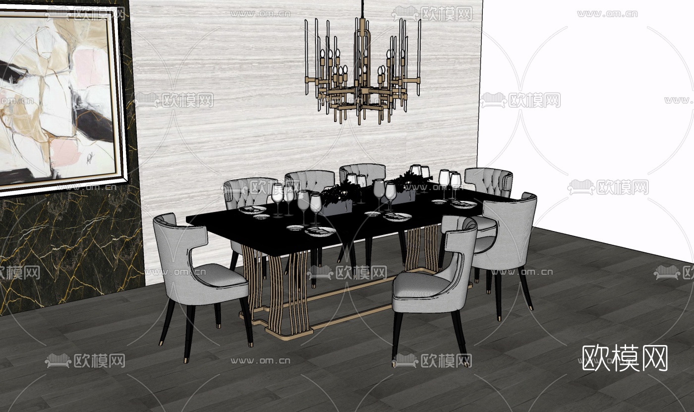 现代轻奢餐桌椅免费su模型下载