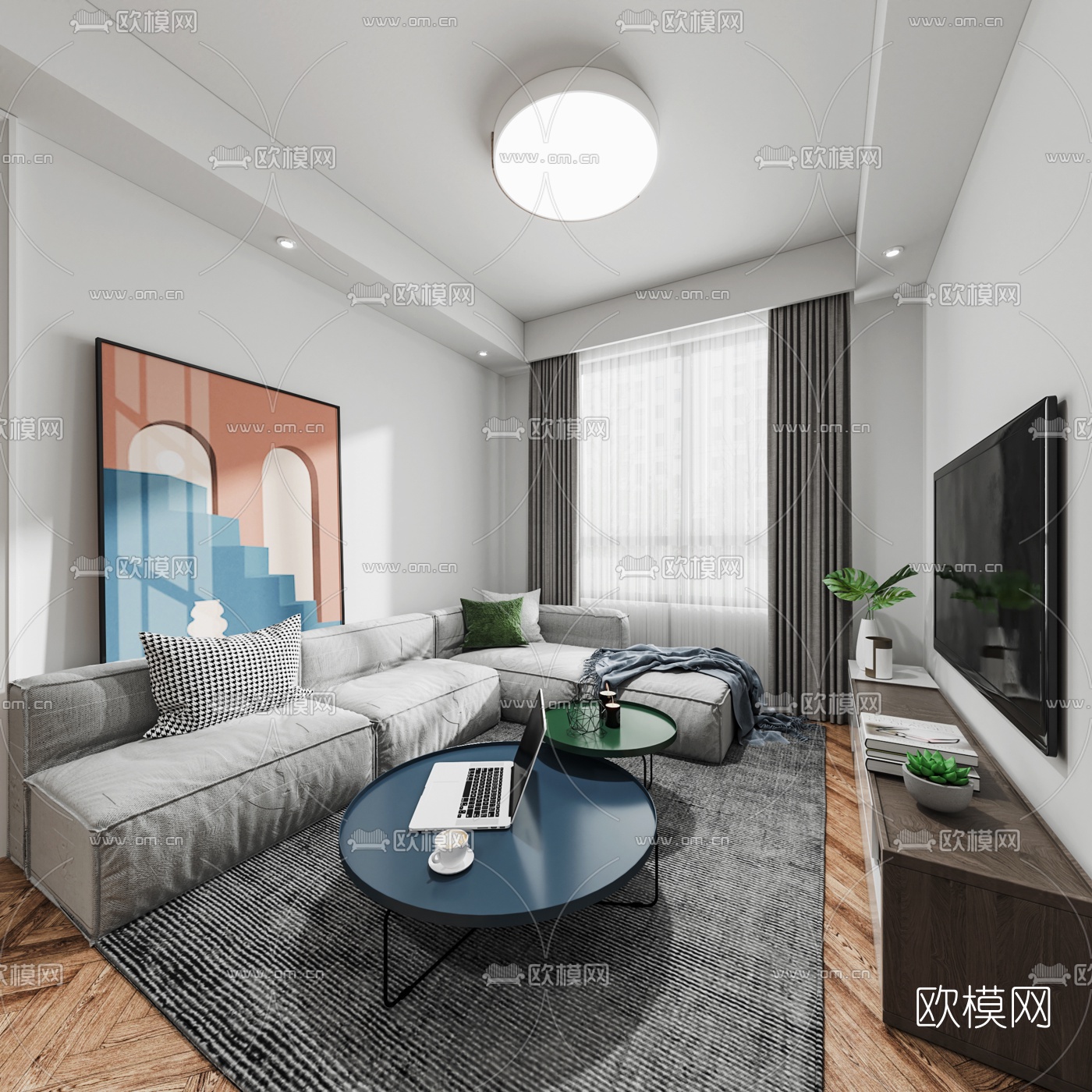 现代公寓客厅餐厅3d模型下载（渲染图1）