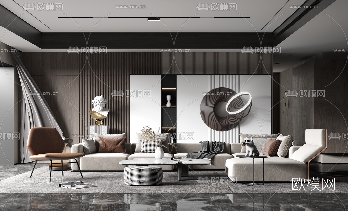 现代布艺转角沙发组合3d模型下载（渲染图1）