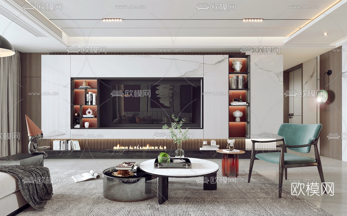 现代轻奢客厅餐厅3d模型下载（渲染图2）