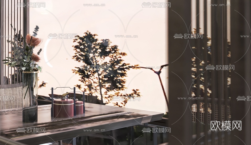 新中式洽谈区桌椅组合3d模型下载(渲染图3)