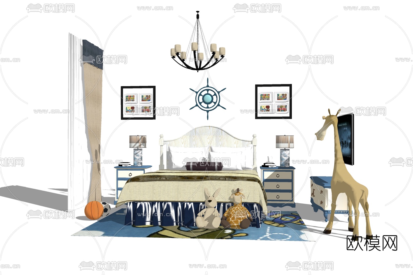 地中海布艺双人床免费su模型下载