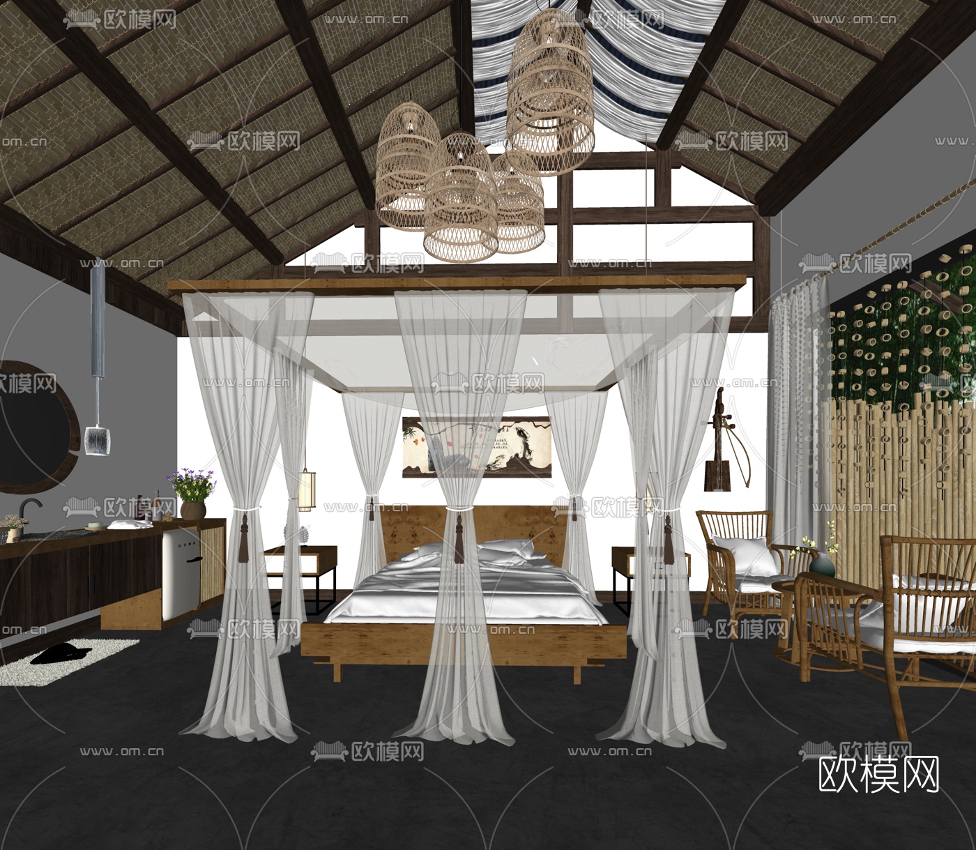 新中式民宿客房su模型下载（渲染图2）