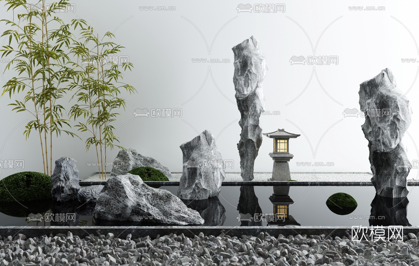 新中式竹子山石水景小品3d模型下载