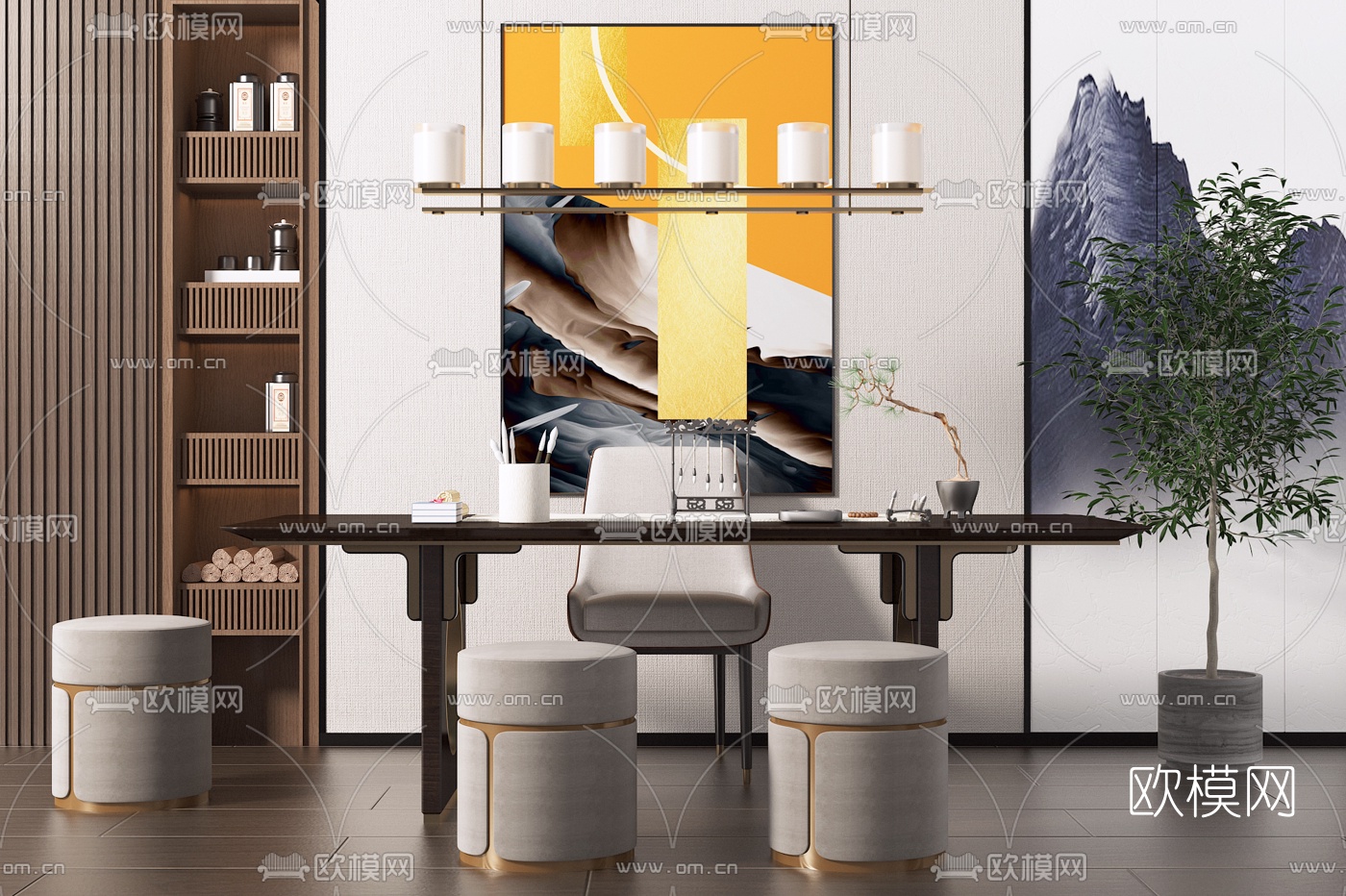 新中式实木书桌椅3d模型下载