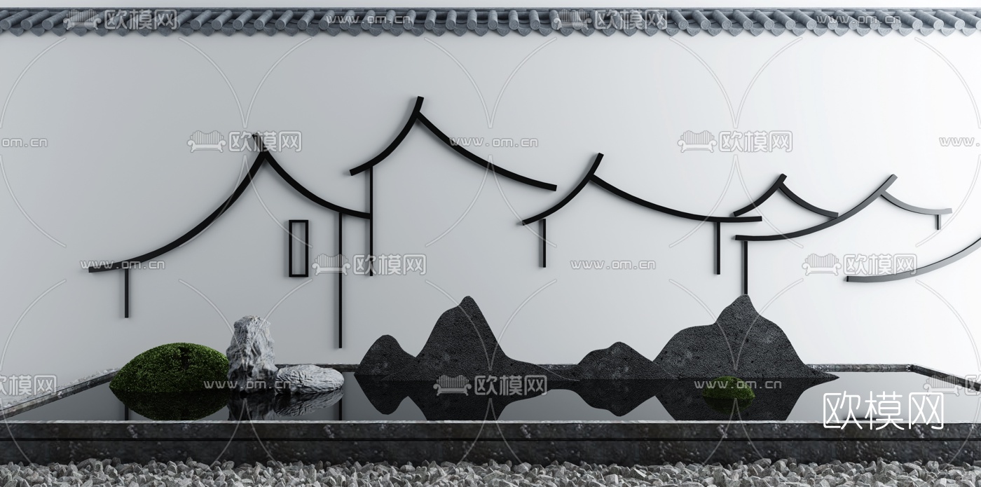 新中式假山石头水景小品3d模型下载