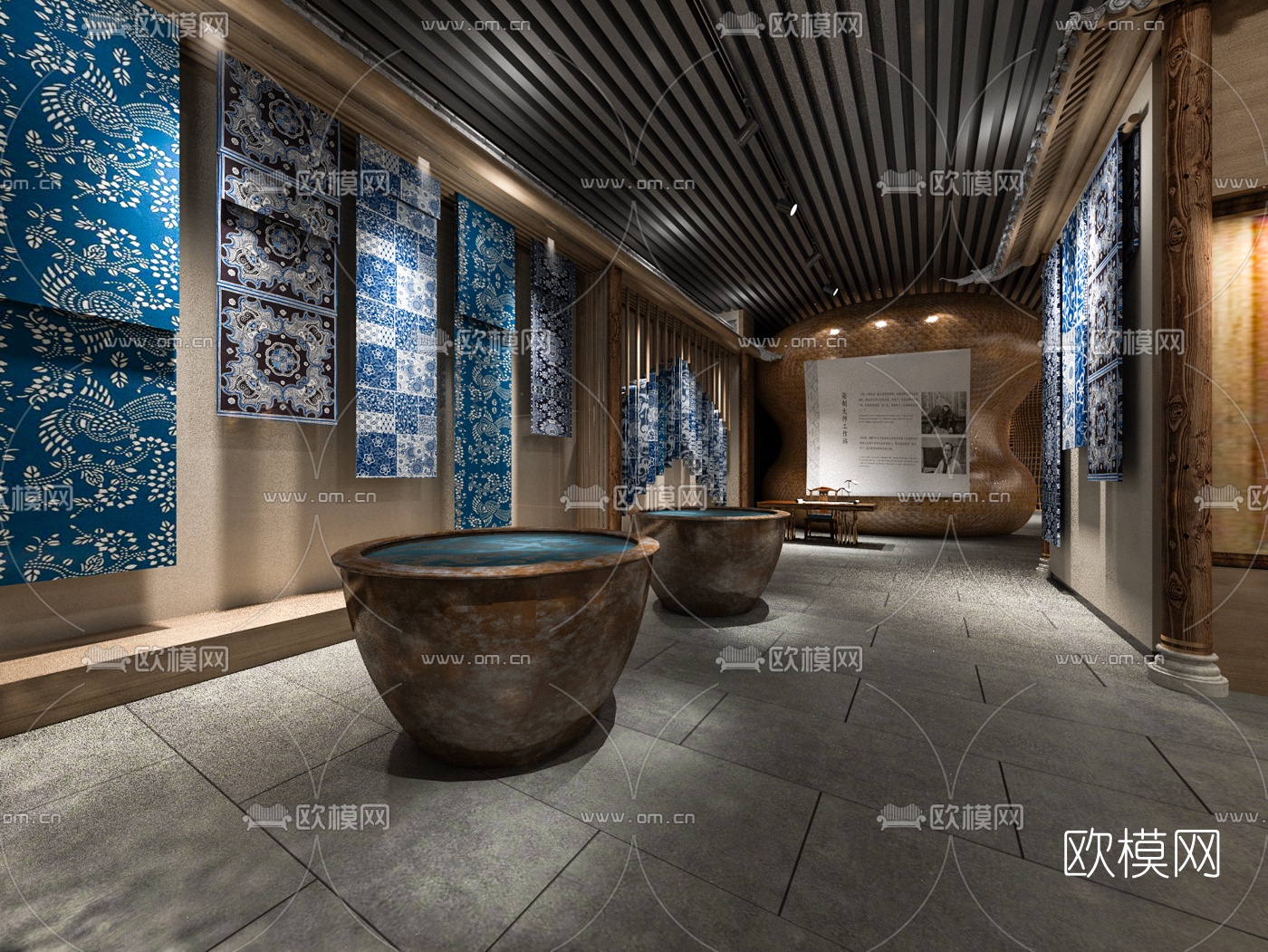 新中式印染布展厅su模型下载（渲染图3）