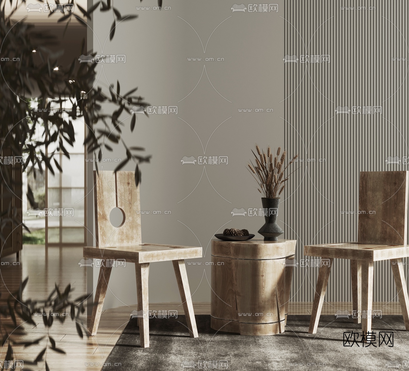 日式侘寂风靠背单椅3d模型下载（渲染图1）