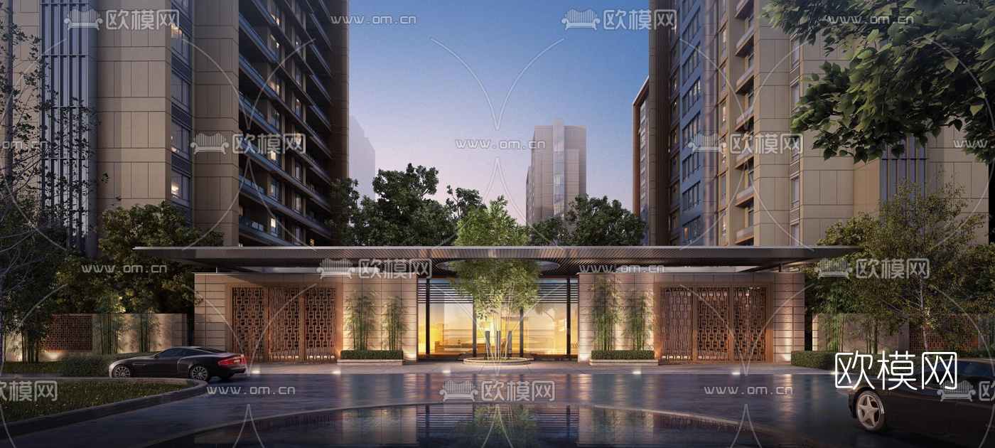 现代住宅小区su模型下载（渲染图1）