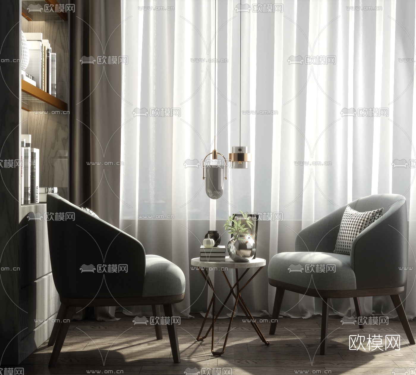 现代轻奢布艺休闲椅su模型下载（渲染图1）