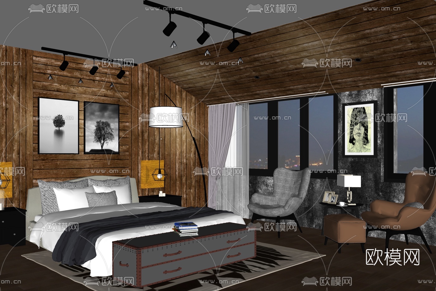 现代主人房卧室免费su模型下载