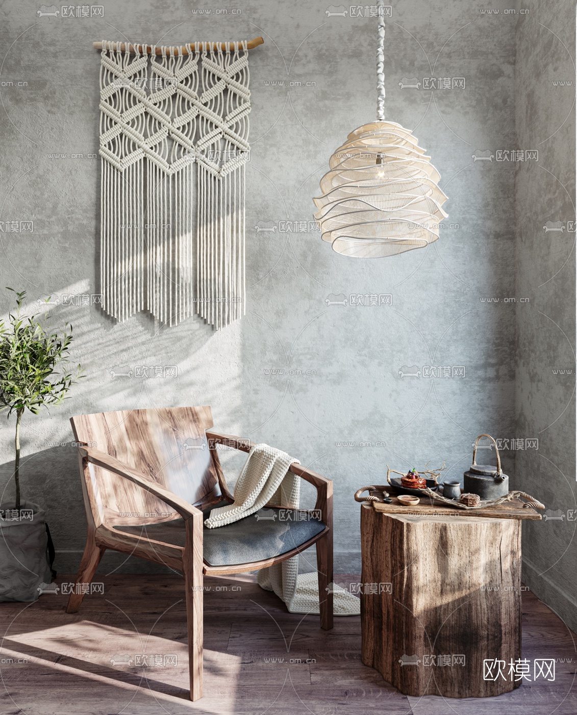 自然风原木休闲椅边几3d模型下载