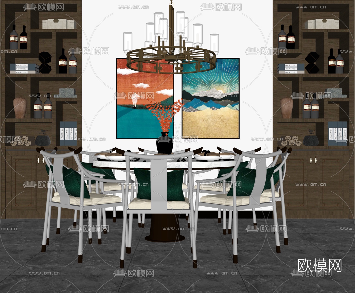 新中式轻奢餐桌椅su模型下载
