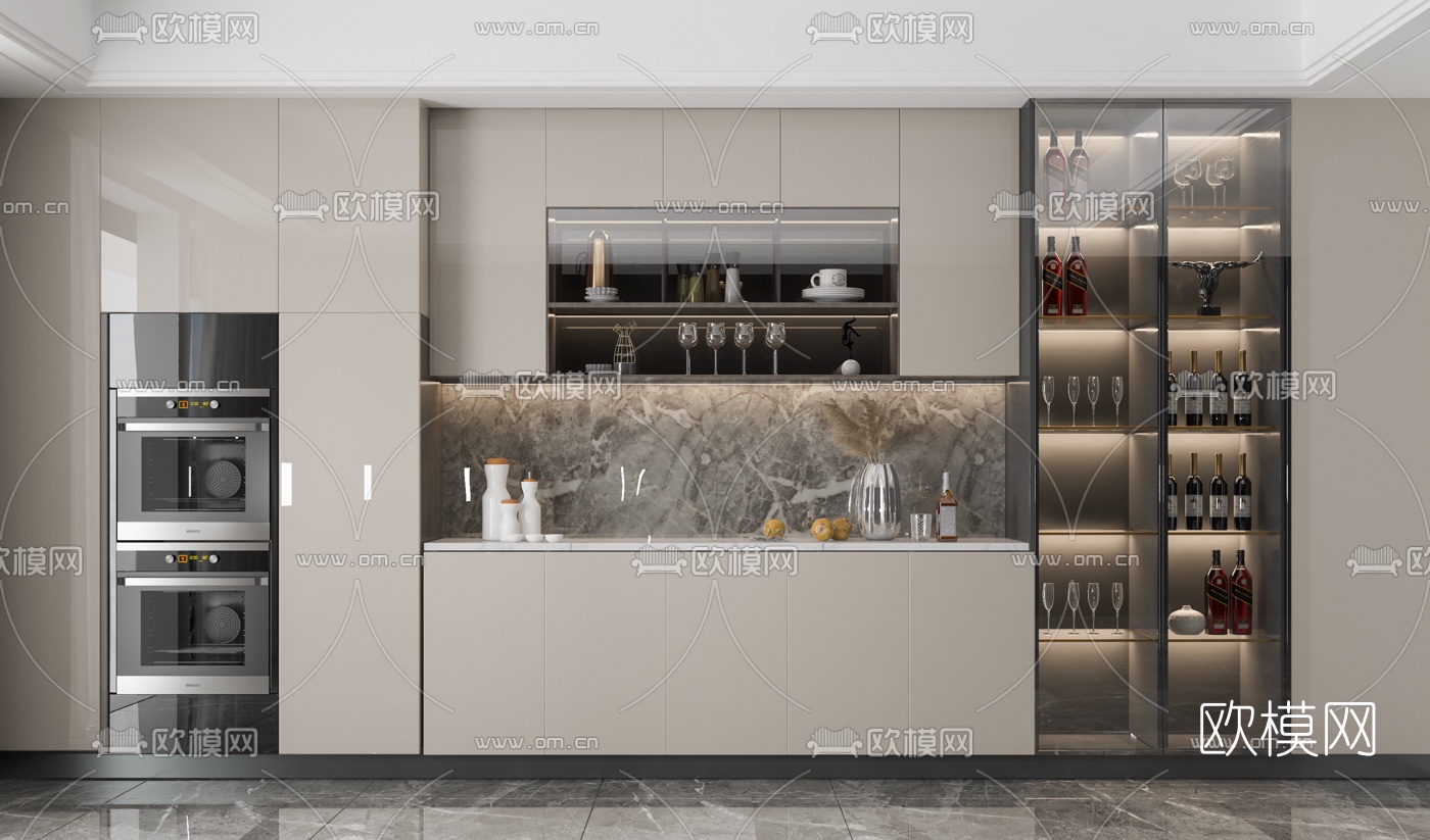 现代一体式橱柜酒柜3d模型下载