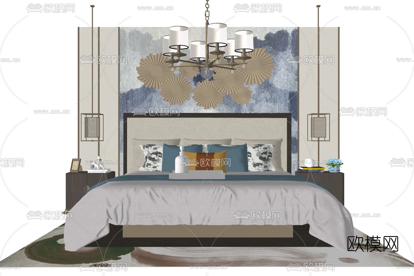 新中式布艺双人床su模型下载