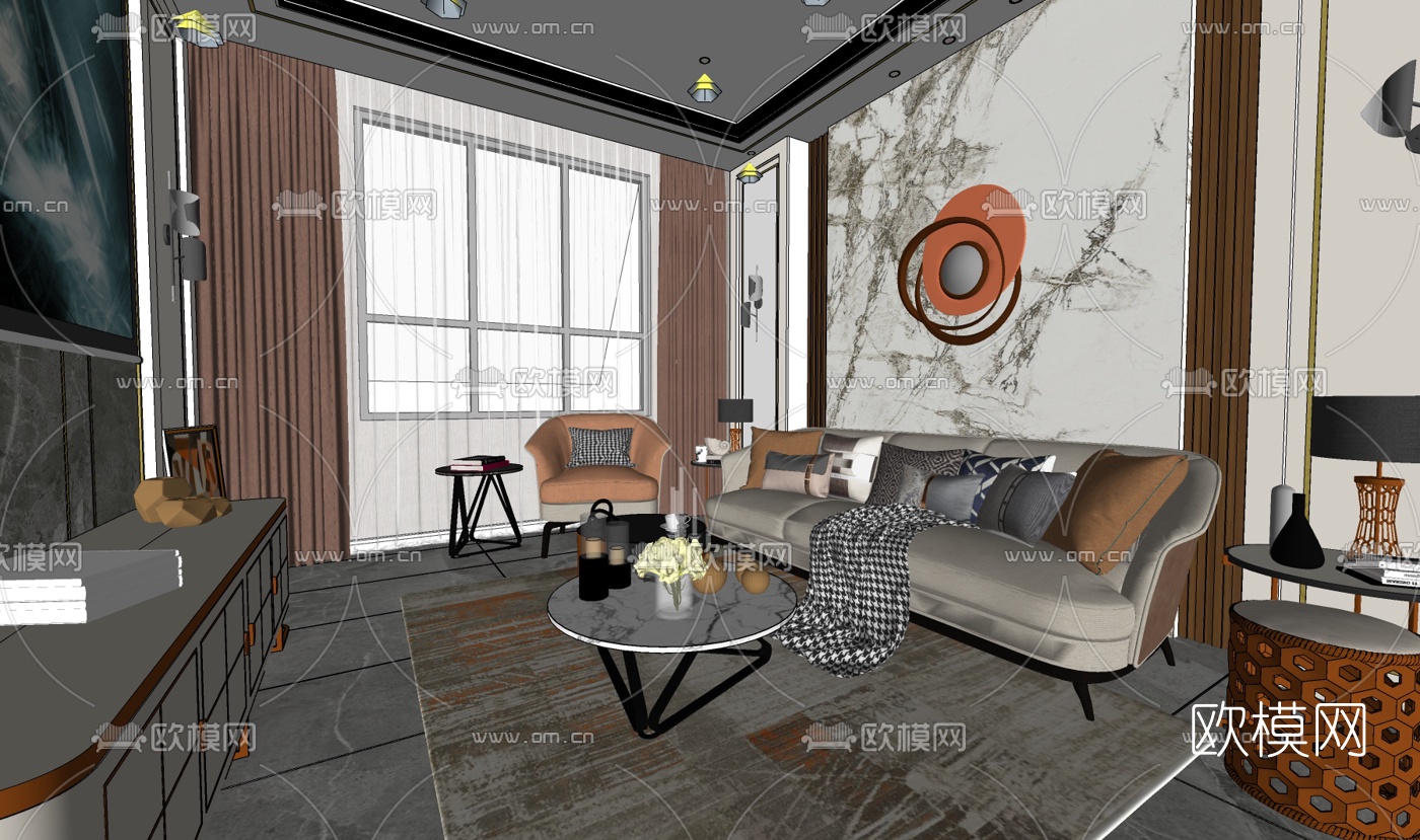 现代轻奢客厅免费su模型下载