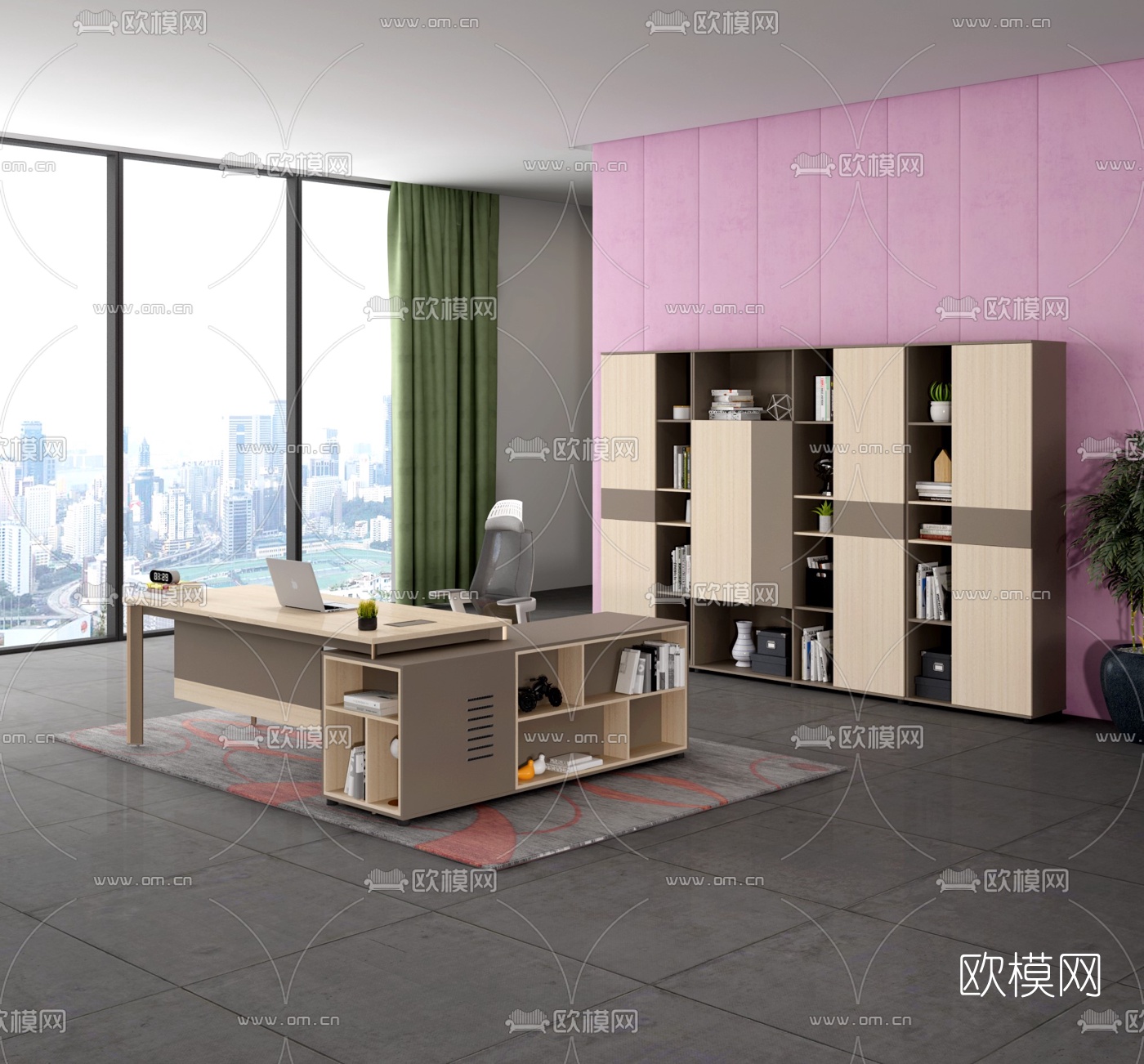 现代班台桌椅3d模型下载（渲染图1）