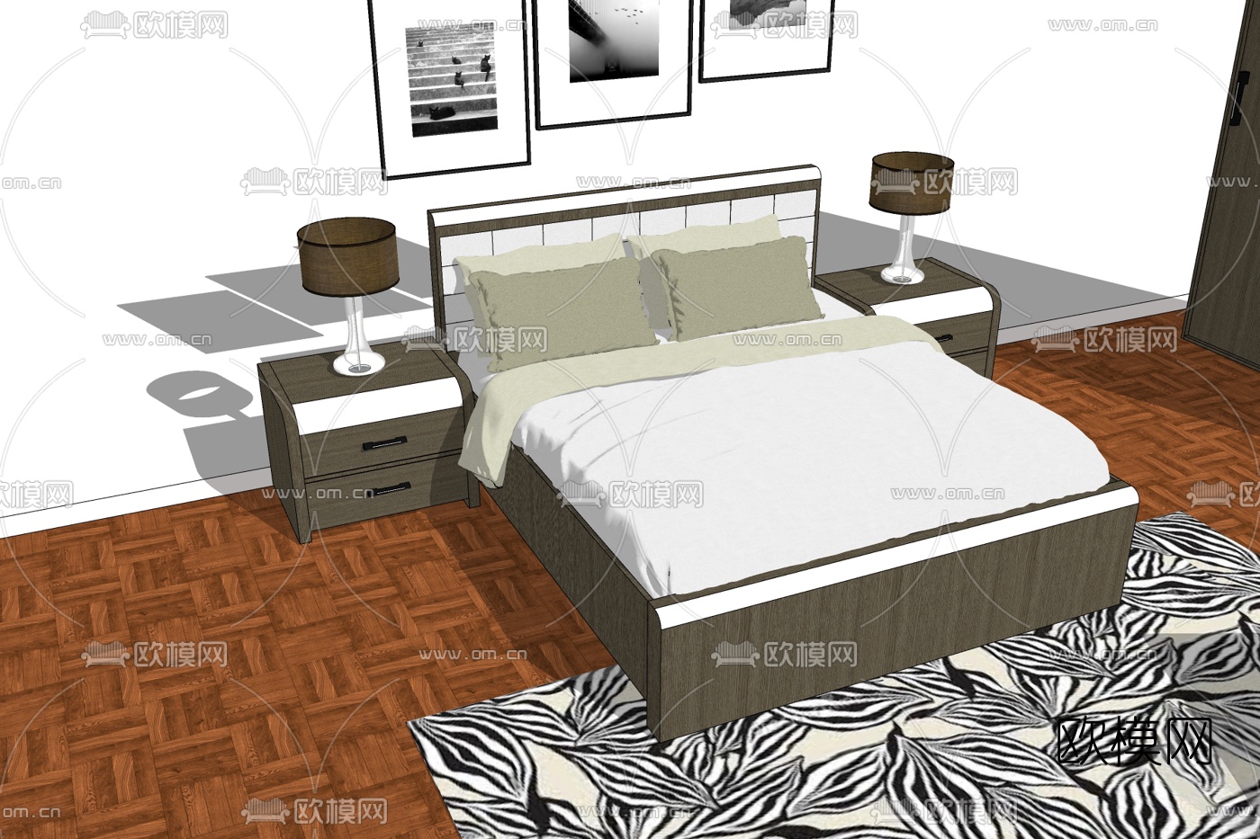 现代布艺双人床免费su模型下载_ID10395957_sketchup模型下载-欧模网