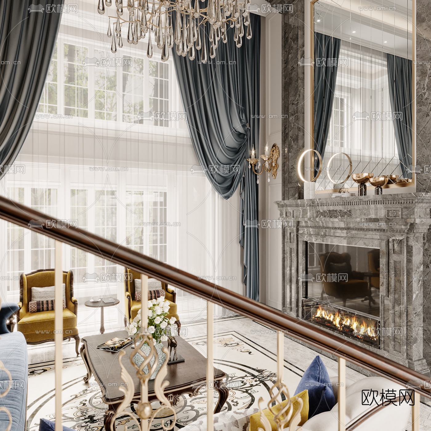 欧式别墅客厅餐厅3d模型下载（渲染图4）