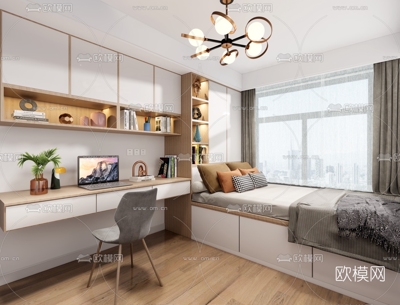 现代榻榻米卧室书房su模型下载（渲染图1）