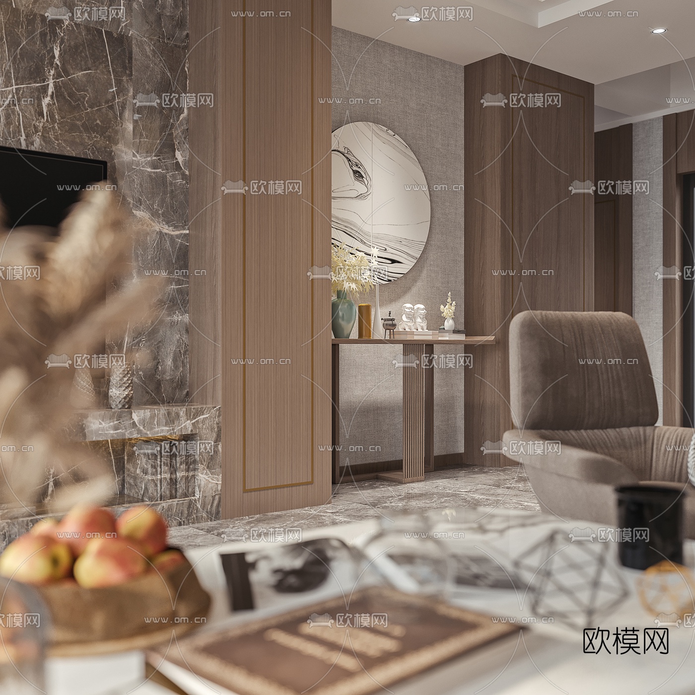 现代轻奢客厅餐厅茶室3d模型下载（渲染图3）