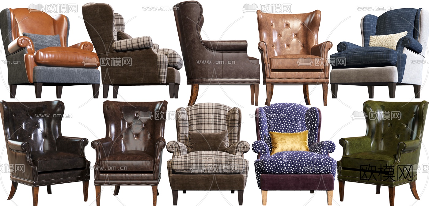 美式布艺皮革休闲沙发3d模型下载（渲染图1）