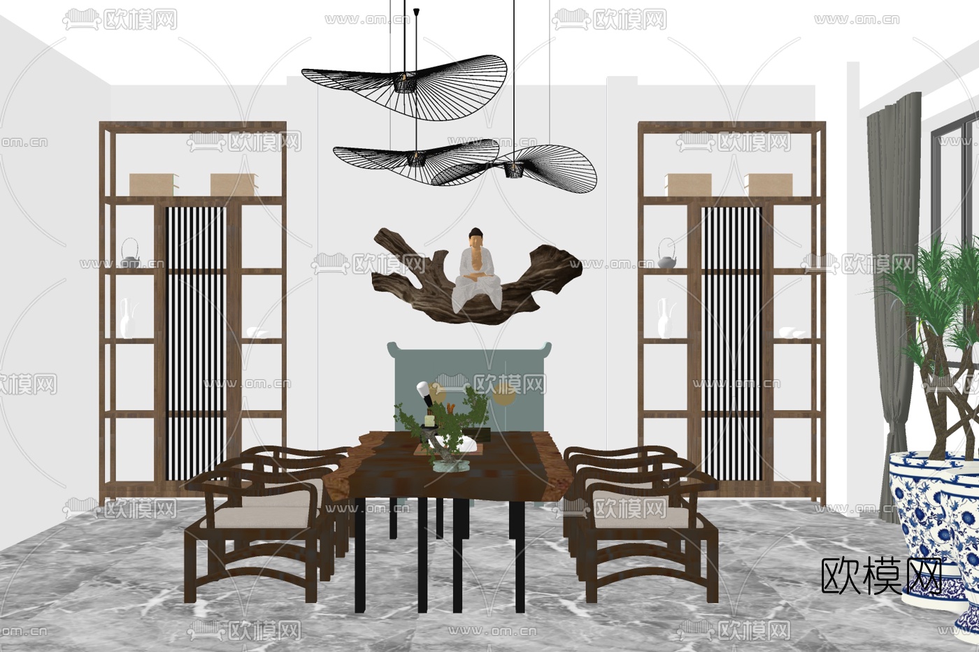 新中式实木茶桌椅su模型下载