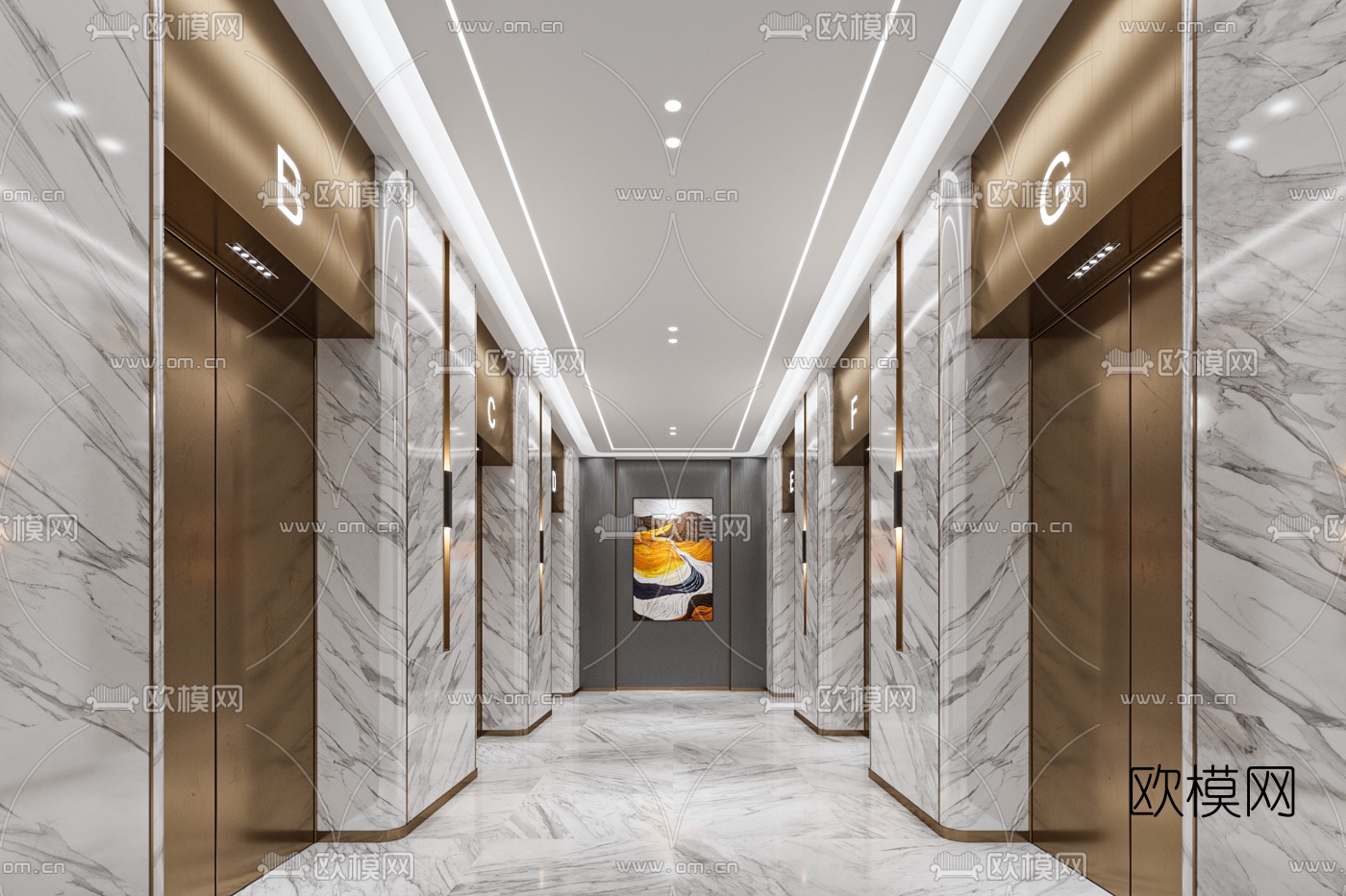 现代轻奢酒店电梯厅3d模型