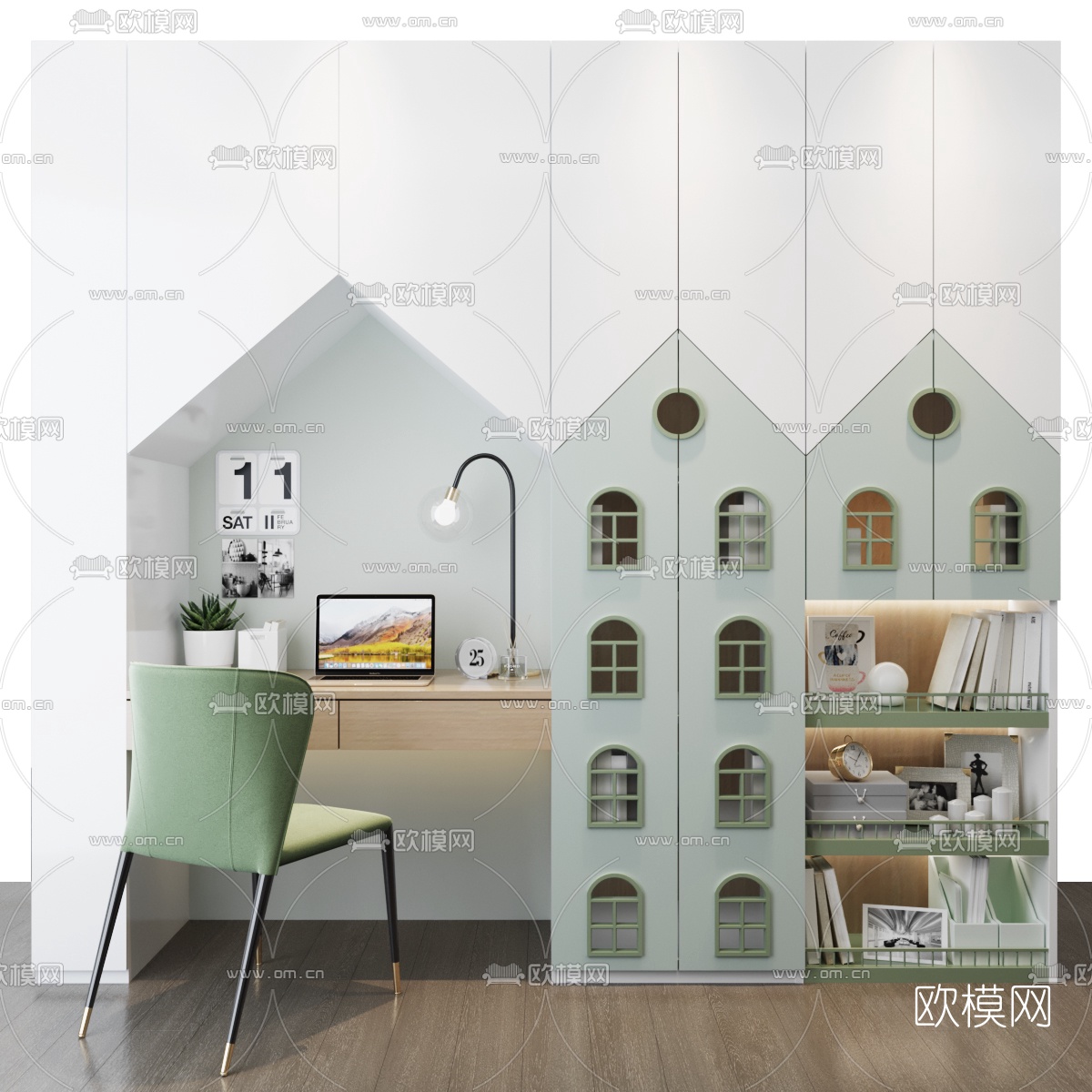 北欧儿童书桌书柜3d模型下载（渲染图3）