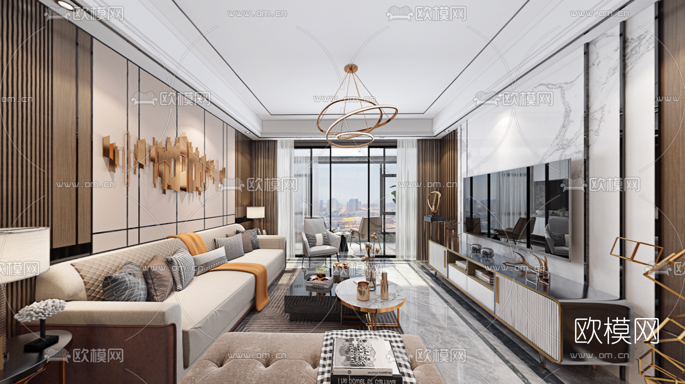 现代轻奢客厅餐厅vr全景3d模型