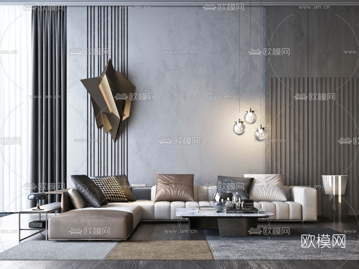 Minotti现代布艺转角多人沙发3d模型下载（渲染图1）