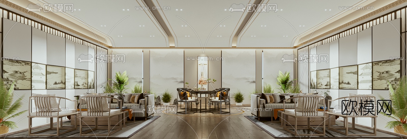 新中式售楼处洽谈区3d模型下载（渲染图2）