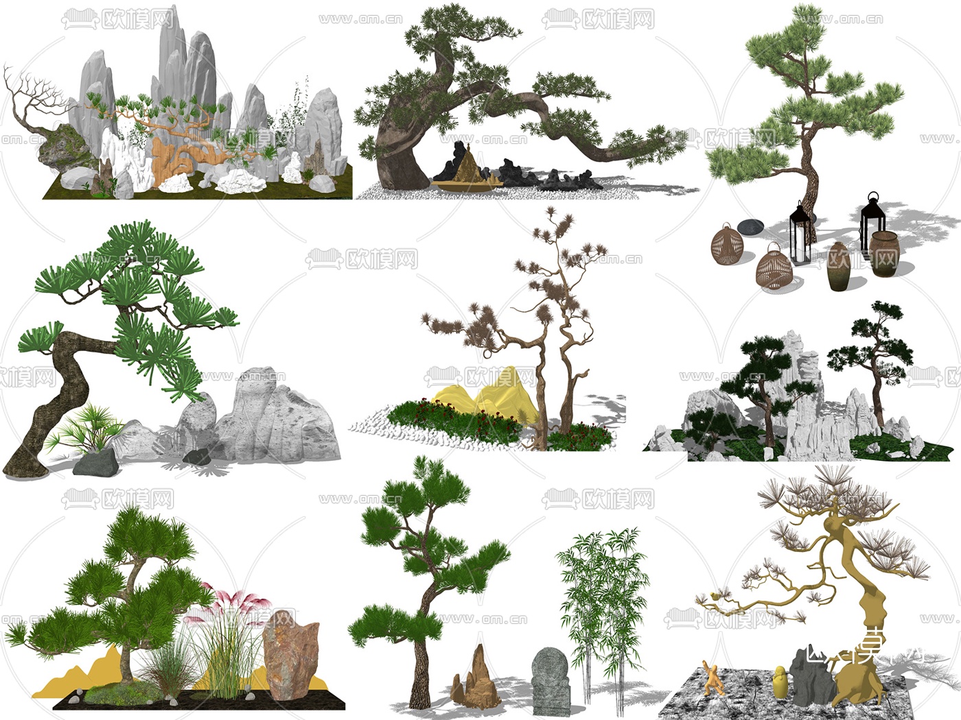 新中式景观树假山su模型下载