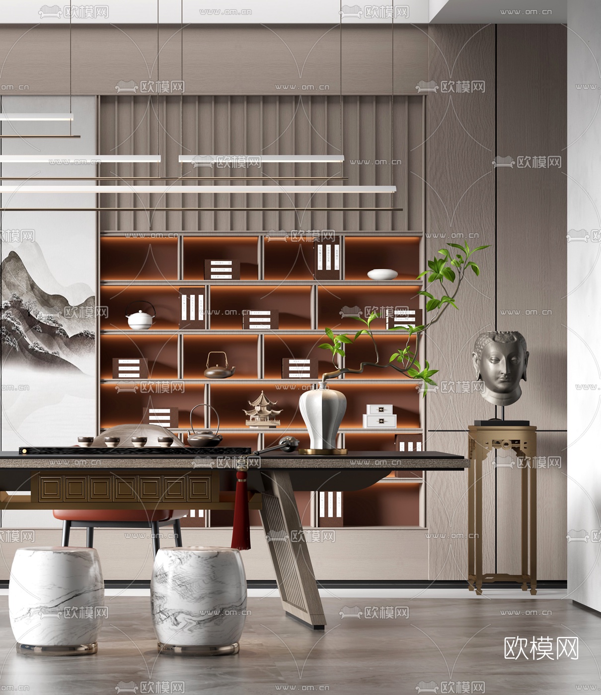 新中式茶桌椅3d模型下载（渲染图1）