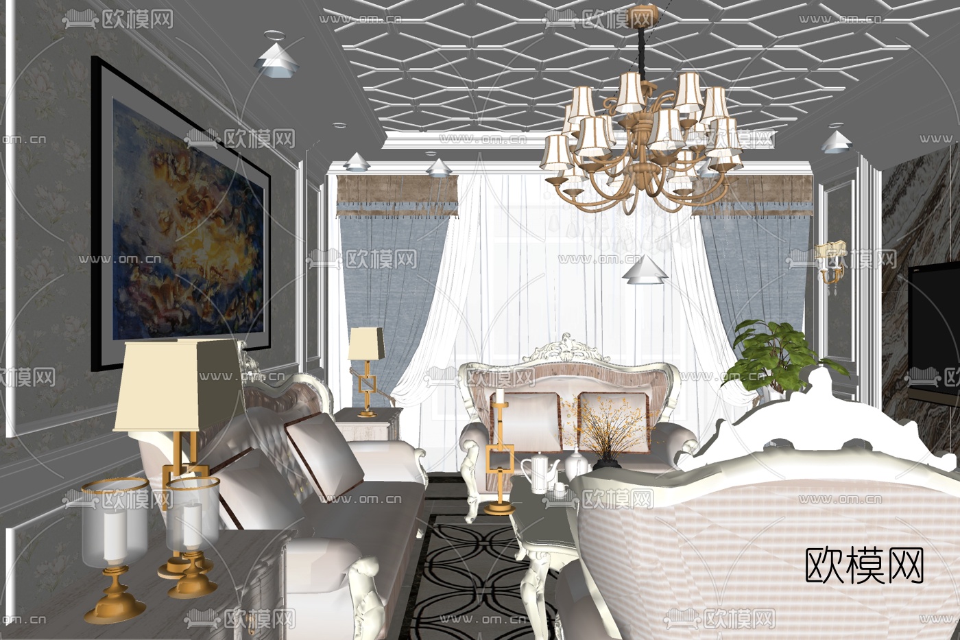 欧式客厅su模型下载