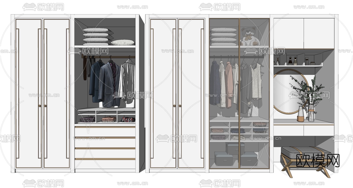 简欧实木衣柜su模型下载